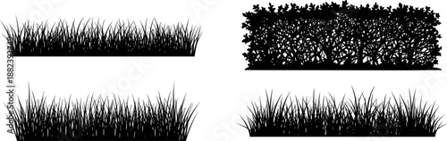 Black silhouette grass and bush collection isolated on white background for landscape design, nature elements, garden decoration, outdoor illustration, and environmental graphic resources