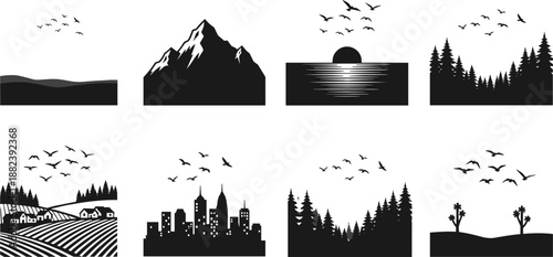 Black silhouette landscape icon set featuring mountains, forests, ocean sunset, countryside farms, city skyline, birds, and desert scenery for travel, nature, branding, and vector design use