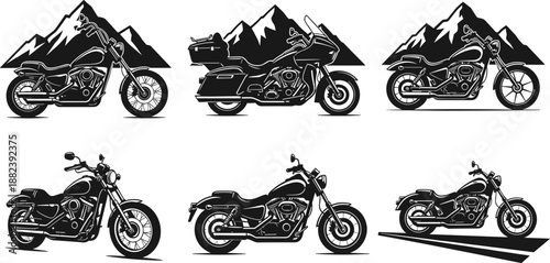 Black silhouette motorcycle icon collection with mountain backgrounds featuring cruiser and touring bikes, adventure riding themes, road trip culture, transport design, and vector illustration set