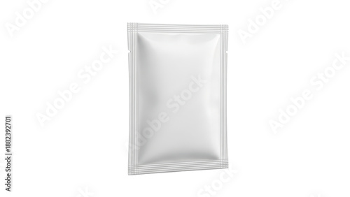 Blank white sachet packet isolated on white. Small pack sachet mockup. 3d rendering