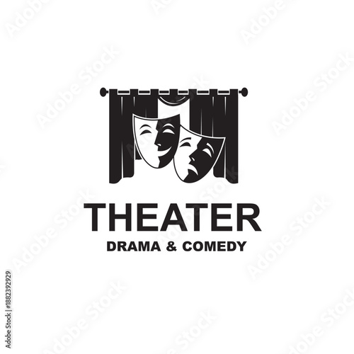 icon of comedy and tragedy theatrical masks with curtains isolated on white background