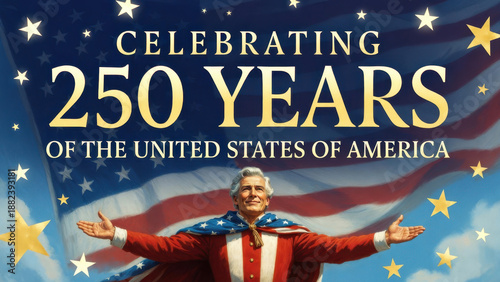 Patriotic illustration celebrating the 250th anniversary of the USA, featuring a man in a star-spangled outfit against the American flag and golden stars