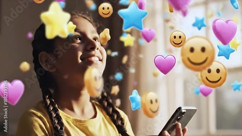 Young girl engaged with smartphone as vibrant emojis and stars surround her, showcasing a joyful moment filled with playful digital interaction and visual excitement in a cozy indoor setting