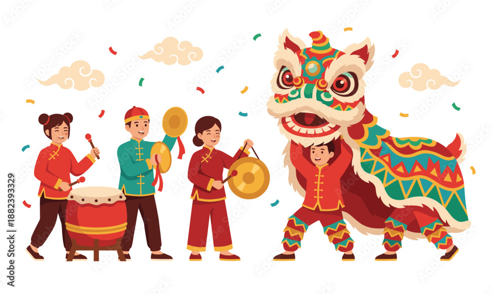 Fototapeta premium Lion Dance Celebration: A vibrant scene unfolds as individuals joyfully perform a traditional lion dance, accompanied by rhythmic drumming and music, celebrating the spirit of festivity.