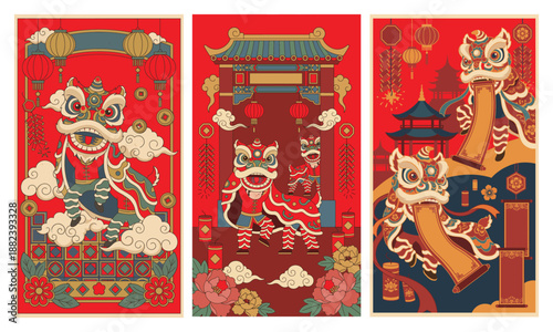 Celebratory Lion Dance: An exuberant lion dance performance, filled with cultural vibrancy and lively motion, unfolds across a series of three vibrant panels. Each panel captures a unique perspective.