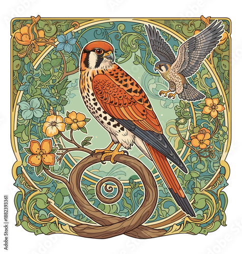 Kestrel's Elegance: A meticulously illustrated kestrel, its feathers displaying intricate patterns, perched upon a winding branch. Its keen eyes gaze forward with determination.