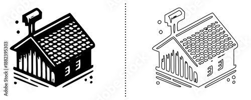 House with chimney smoke icon representing home heating, winter season and warm living concept, residential house symbol in solid and outline vector style isolated on white background