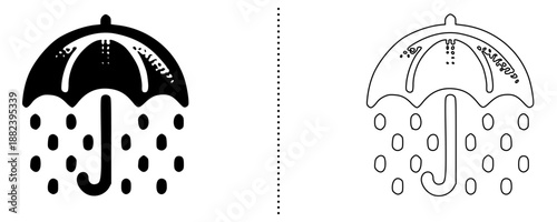 Umbrella with rain drops icon representing protection, insurance coverage and rainy weather concept, safety symbol in solid and outline vector style isolated on white background