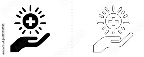 Healthcare and medical support icons showing helping hand with plus symbol for care, protection, insurance and wellness concept in solid and outline vector style for web, app and UI design