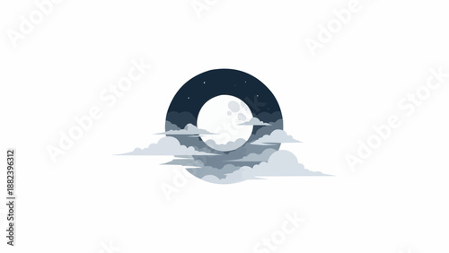 Stylized letter O with full moon and clouds, celestial typography design.