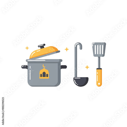 Gray Pot with Yellow Lid and Utensils.