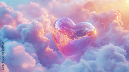 Glossy heart shaped object floats gently among soft pastel clouds at sunset, reflecting warm light and creating dreamy, romantic atmosphere in sky