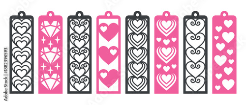 Decorative bookmarks with hearts pattern. Valentine's Day laser cut template. Bookmark stencil for paper, wood and metal cutting. Vector design