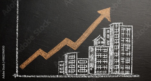 A chalk-drawn upward-trending arrow over stylized buildings, depicting growth and progress on a black chalkboard background