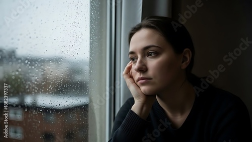 Young woman with thoughtful expression looks out of window on a rainy day