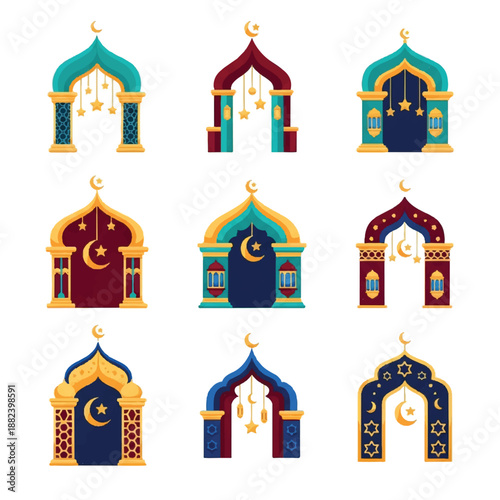 Islamic Mosque Doorway Icons Set Illustration.
