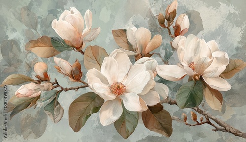 A delicate floral arrangement features large white blossoms and budding flowers on a graceful branch, set against an abstract backdrop