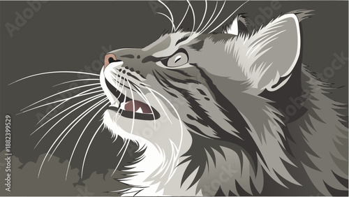 Modern graphic illustration of a stylized gray tabby cat looking up with an open mouth
