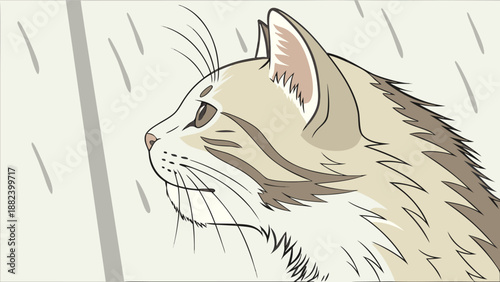Wistful Cat Gazing Out Window at Raindrops on a Melancholy Day