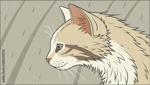 Stylized portrait of a cream cat with textured fur and bright green eyes