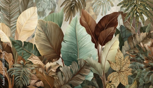 A lush illustration showcases a variety of stylized leaves in earthy tones. The artwork creates a sense of depth and tranquility
