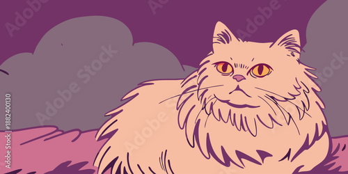Digital illustration of a fluffy peach cat with yellow eyes and purple background