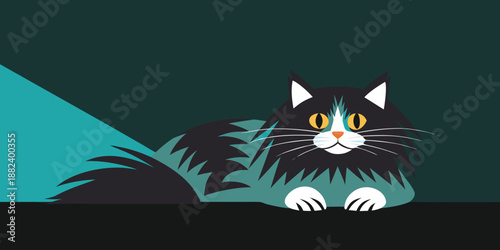Stylized fluffy cat illustration with bright yellow eyes on a dark background