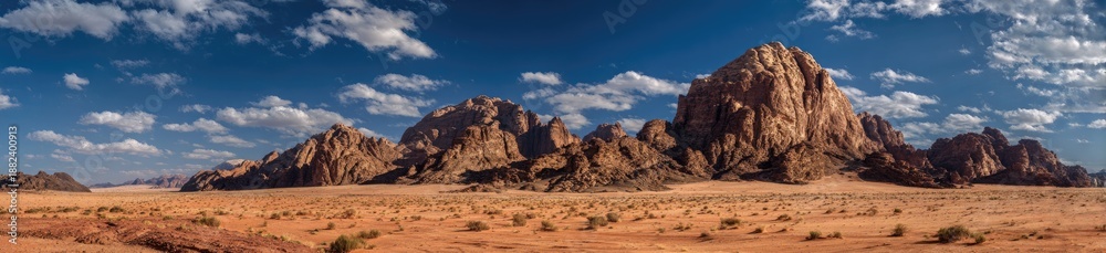 Fototapeta premium A sweeping landscape panorama depicts a desert scene under a vast blue sky dotted with clouds. Rugged rock formations stand tall