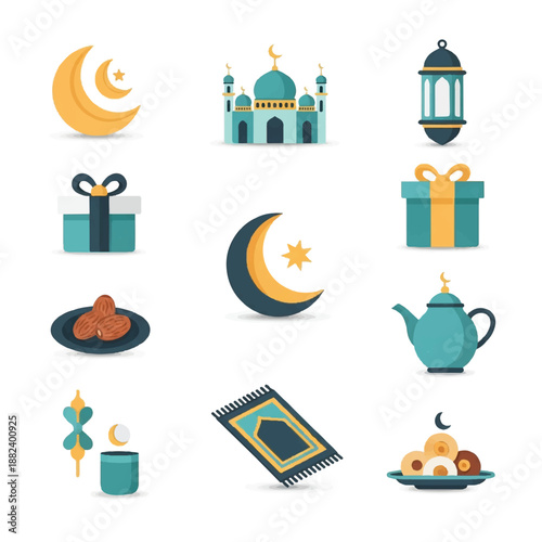 Ramadan Icons Set with Mosque and Symbols.