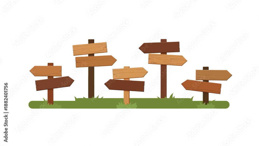 Obraz premium Multiple wooden directional signposts on grassy field.