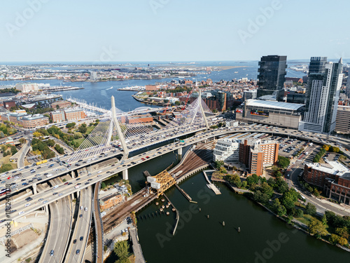 Cuadro en lienzo Aerial view of Boston skyline with Zakim Bridge, highways, Charles River and downtown cityscape on sunny day