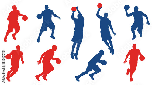 Silhouettes of basketball players in action, dribbling and shooting.