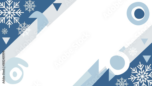 Winter themed background with snowflakes and geometric shapes.