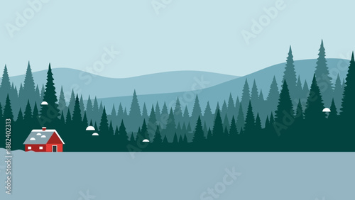 Serene Winter Landscape with Red Cabin and Snowy Forest.