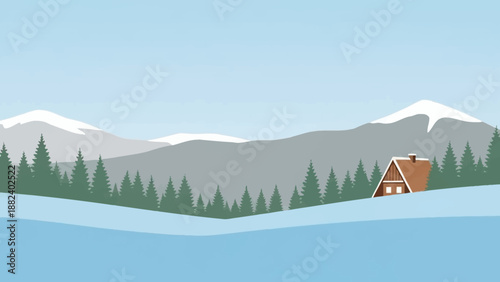 Serene Winter Landscape with Cabin and Snowy Mountains.