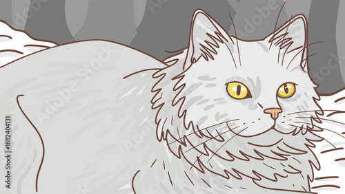 Stylized Digital Illustration of a Gray Cat with Expressive Yellow Eyes