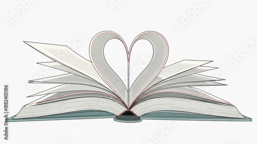 Open book with pages curved into a heart shape, a graceful symbol of reading, love, and imagination.