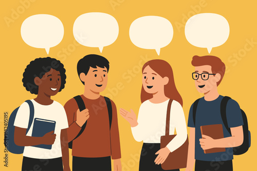 Group of diverse students talking in French