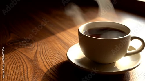 Steaming hot coffee in cup.