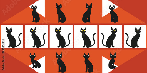 Stylized Black Cat Geometric Pattern Mid Century Modern Design Orange Background