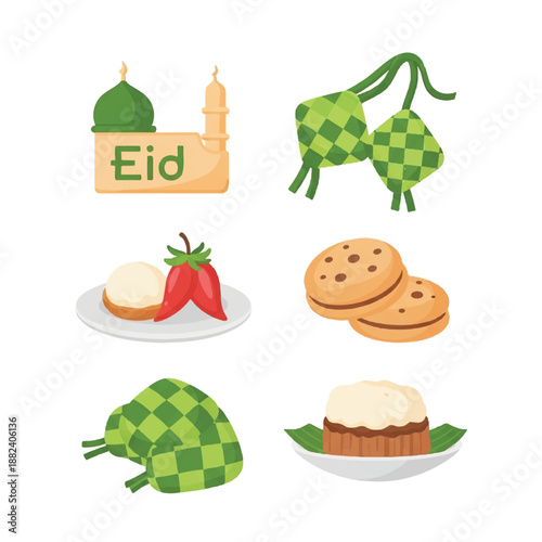 Assorted Eid Mubarak Food and Symbols.