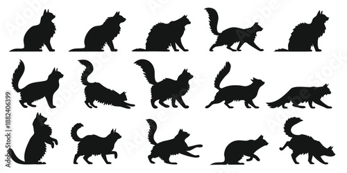 Collection of Black Cat Silhouettes in Various Poses and Actions