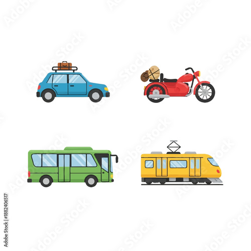 Four Different Vehicles with Luggage on White.