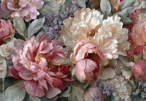 A close-up view of a lush, romantic floral arrangement featuring various blooming peonies and delicate foliage