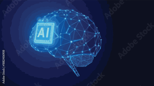 Profile of a Light‑Blue Neural Network Brain with Embedded AI on Dark Blue Background – Futuristic Digital Illustration