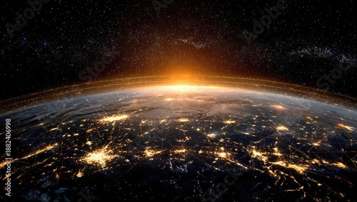 A breathtaking depiction of planet Earth from space, with the sun rising over the horizon, illuminating the surface below