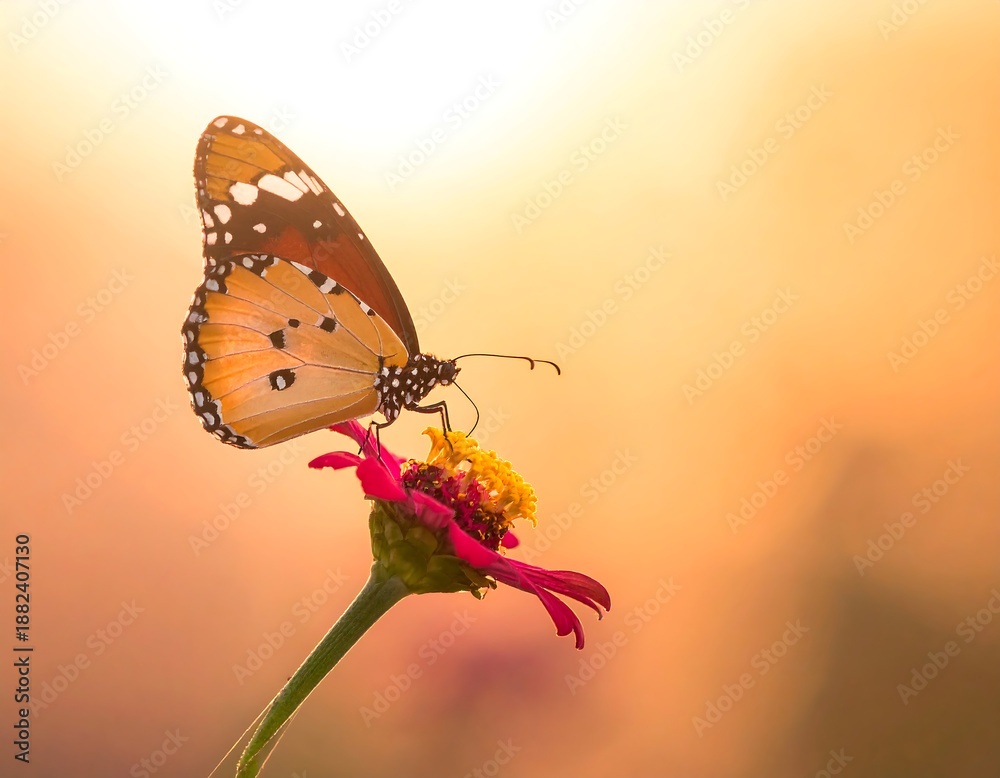 Obraz premium Butterfly poised on a flower against an orange, blurred background