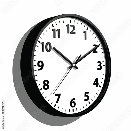 Close-up view of an analog clock featuring bold numerals, black and white contrast, and soft shadows.