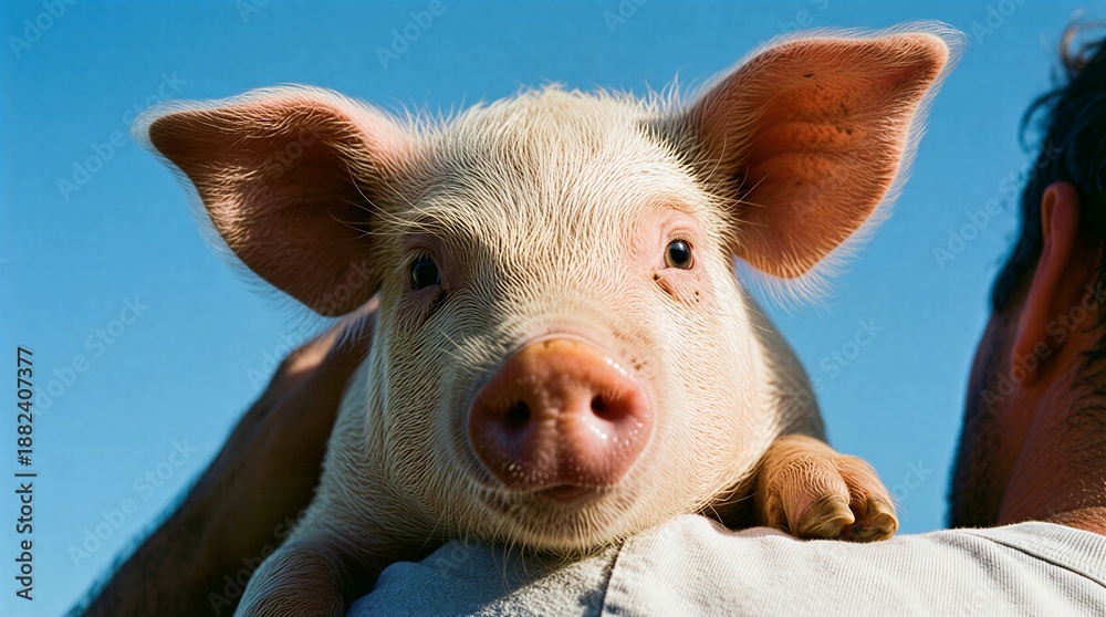Fototapeta premium Man holds tiny piglet against blue sky, sunlit and curious.