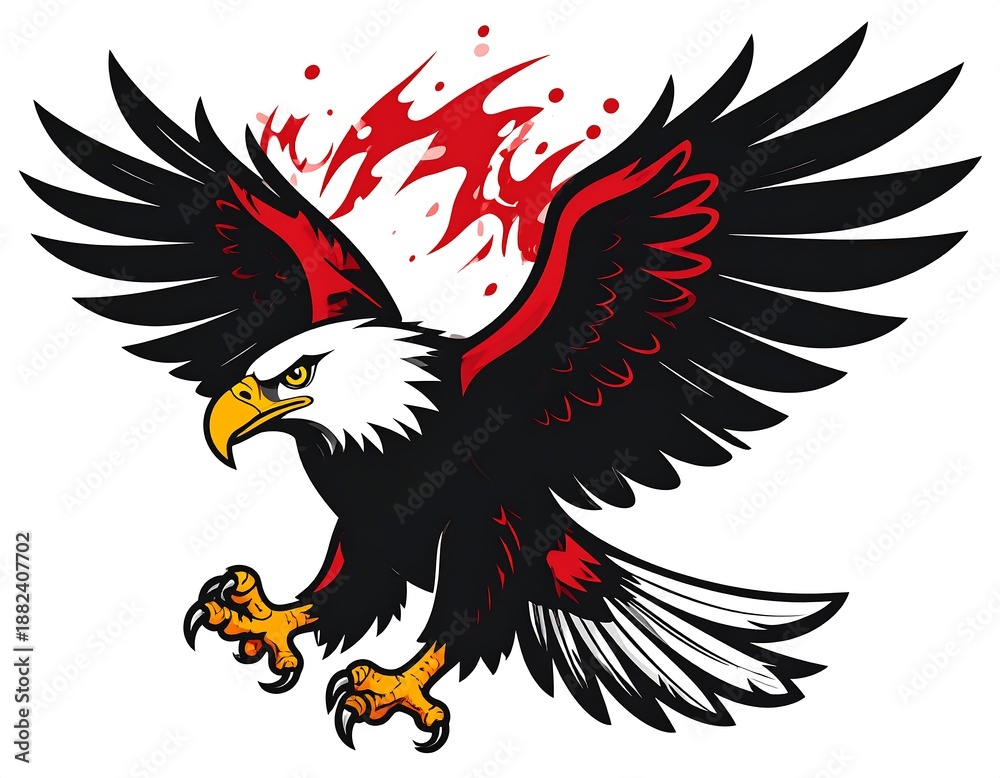Obraz premium Cartoon eagle with outstretched wings and red accents, against a red backdrop